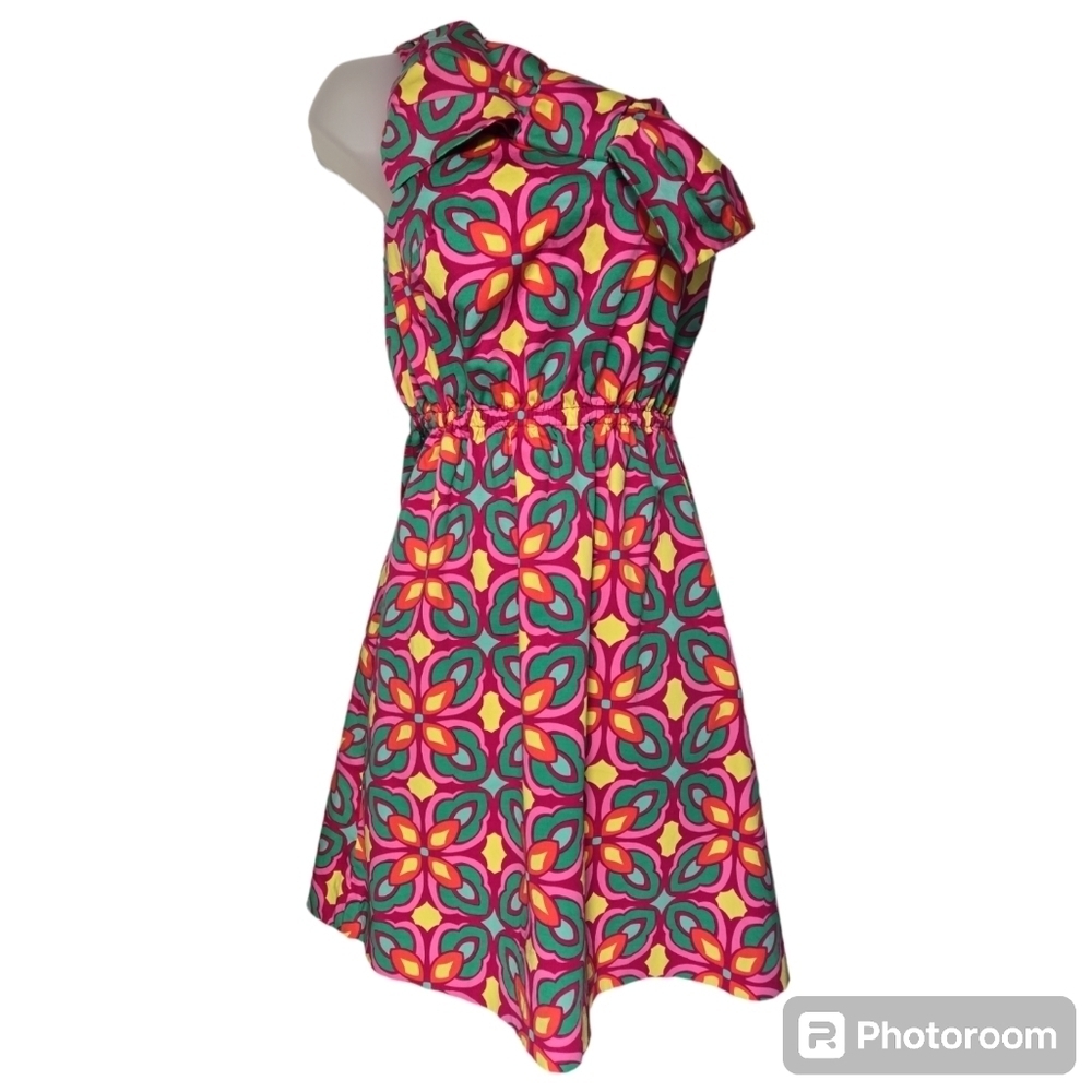 Ellen Ollie Sz 4 One Shoulder Dress Bow Bright Barbie 80s 90s Southern Fit Flare